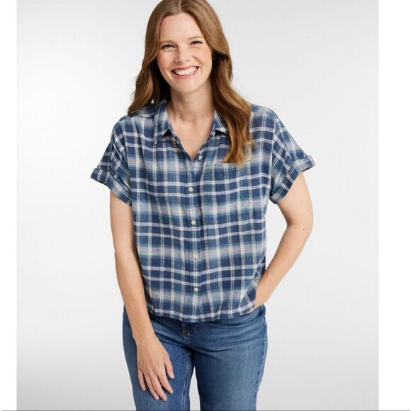 LL Bean Day breeze Shirt Womens M Short Sleeve Button Up Flannel Pocket Plaid - Picture 7 of 7